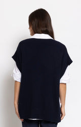 Navy soft knit sleeveless vest with side buttons – Parisian elegance by Volange Paris, French fashion in Sydney.