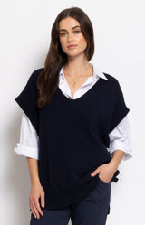 Navy soft knit sleeveless vest with side buttons – Parisian elegance by Volange Paris, French fashion in Sydney.