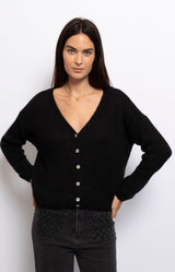 Black mohair blend cardigan with slouchy relaxed fit, V-neck and button front, Parisian elegance by Volange Paris, French fashion in Sydney.