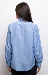 Cornflower blue cotton blouse with fine navy stripes, ruffled collar and relaxed fit – Volange Paris, Parisian fashion in Sydney (Mosman, Paddington and Bronte) or Australia-wide online.