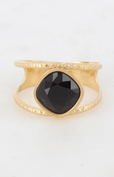 Gold-tone adjustable ring with a faceted black stone, open double-band design and delicate textured detailing – Volange Paris, Parisian fashion in Sydney (Mosman, Paddington and Bronte) or Australia-wide online.