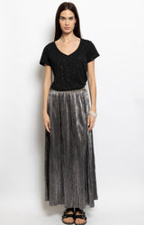 Metallic pleated maxi skirt with elastic waist and fluid drape – party outfit French fashion by Volange Paris.