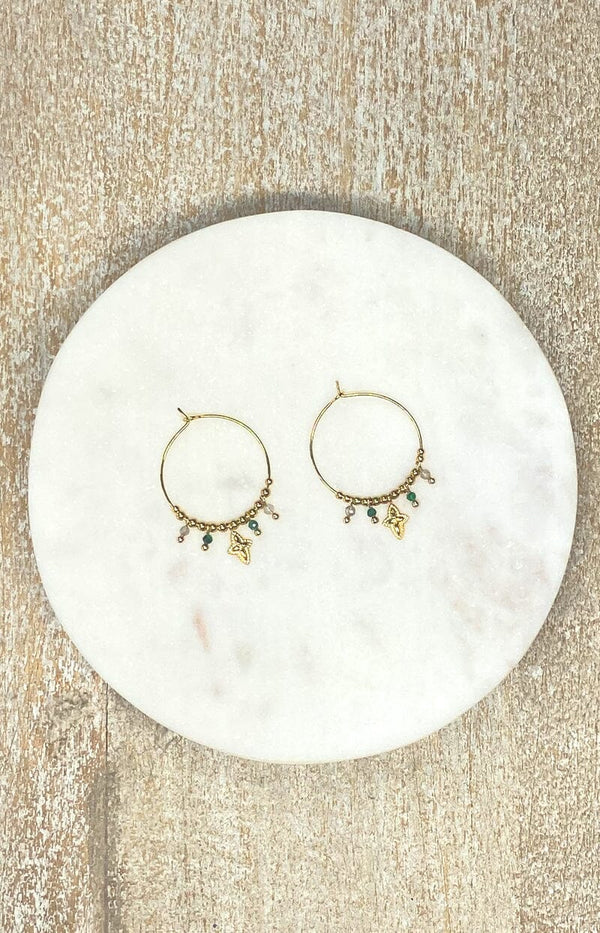 GOLDEN HOOPS EARRINGS WITH SMALL GREEN BEADS - VOLANGE PARIS
