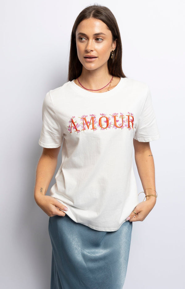 White cotton T-shirt with embroidered Amour lettering in red and pink – Woman Fashion Sydney by Volange Paris