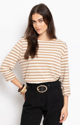 Beige and white striped mariniere t-shirt – Parisian elegance by Volange Paris, French fashion in Sydney.