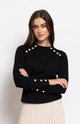 Black knit jumper with gold button shoulder detail – Parisian elegance by Volange Paris, French fashion in Sydney.
