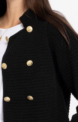 Black textured knit jacket with decorative gold buttons and structured fit – Volange Paris, Parisian fashion in Sydney (Mosman, Paddington and Bronte) or Australia-wide online.