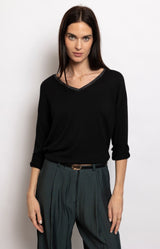 Black V-neck lightweight long sleeve knit top with lurex trim and relaxed fit – Volange Paris, Parisian Fashion in Sydney (Mosman, Paddington and Bronte) or Australia-wide online.
