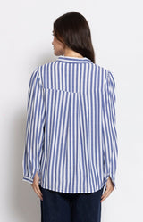 Blue striped cotton blouse with soft gathered detail – Parisian elegance by Volange Paris, French fashion in Sydney.