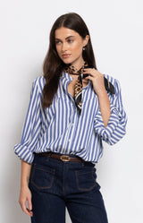Blue striped cotton blouse with soft gathered detail – Parisian elegance by Volange Paris, French fashion in Sydney.