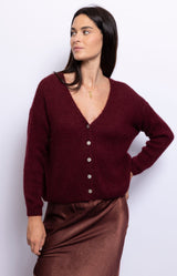Burgundy mohair blend cardigan with slouchy relaxed fit, V-neck and button front, Parisian elegance by Volange Paris, French fashion in Sydney.