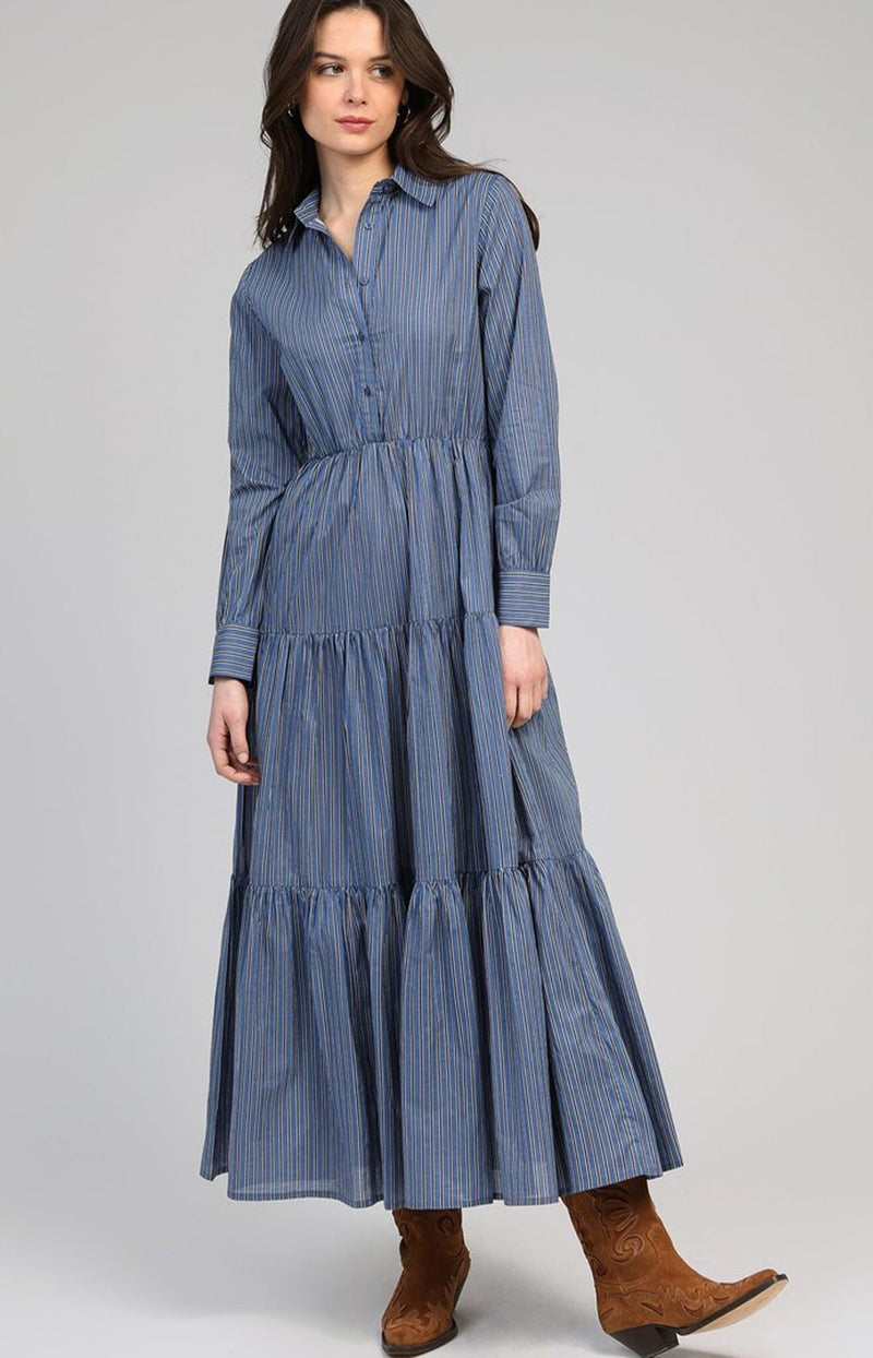 COTTON DRESS MAXI BLUE AND WHITE STRIPES VOLANGE PARIS