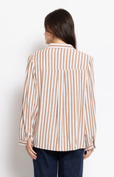 Chocolate striped cotton blouse with soft gathered detail – Parisian elegance by Volange Paris, French fashion in Sydney.