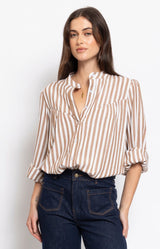 Chocolate striped cotton blouse with soft gathered detail – Parisian elegance by Volange Paris, French fashion in Sydney.