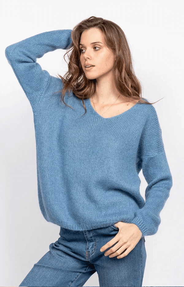 DENIM BLUE WOOLEN JUMPER FRENCH STYLE VOLANGE PARIS