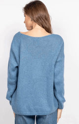 Denim Blue mohair blend V-neck jumper with a soft relaxed fit – Volange Paris, Parisian fashion in Sydney (Mosman, Paddington and Bronte) or Australia-wide online.