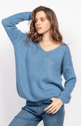 Denim Blue mohair blend V-neck jumper with a soft relaxed fit – Volange Paris, Parisian fashion in Sydney (Mosman, Paddington and Bronte) or Australia-wide online.