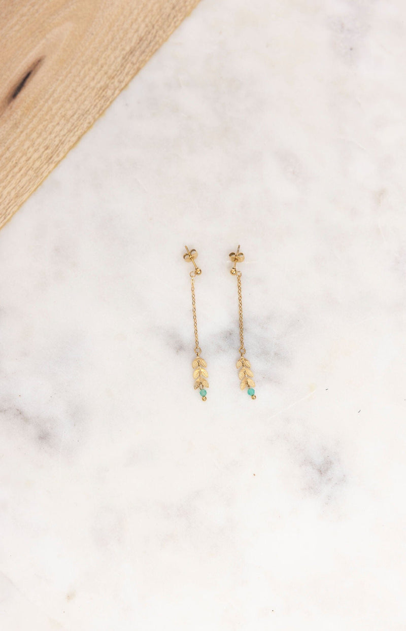 Gold-plated leaf earrings with turquoise beads, elegant French style – Volange Paris