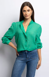 Green cotton voile blouse with button-down front, long sleeves, and frill collar – French fashion Volange Paris