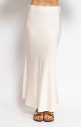 Ivory satin-look maxi skirt with fluid silhouette by Volange Paris, Parisian elegance by Volange Paris.