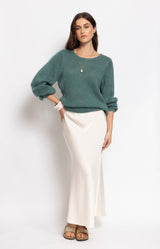 Ivory satin-look maxi skirt with fluid silhouette by Volange Paris, Parisian elegance by Volange Paris.