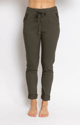 Khaki relaxed pants with metallic star detail – Parisian elegance by Volange Paris, French fashion in Sydney.