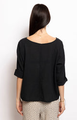 Relaxed Black linen and cotton boat neck top with 3/4 sleeves – Volange Paris, Parisian fashion in Sydney (Mosman, Paddington and Bronte) and Australia-wide online.
