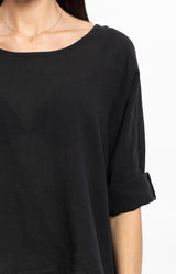 Relaxed Black linen and cotton boat neck top with 3/4 sleeves – Volange Paris, Parisian fashion in Sydney (Mosman, Paddington and Bronte) and Australia-wide online.
