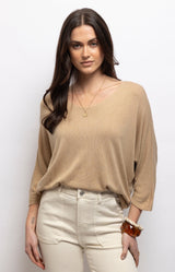 Light bron lightweight knit top with a flattering V-neck, batwing sleeves and relaxed draped fit in a soft modal blend – Volange Paris, Parisian fashion in Sydney (Mosman, Paddington and Bronte) or Australia-wide online.
