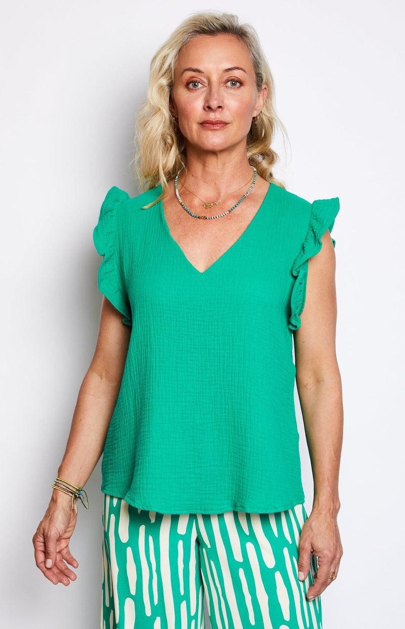 V-Neck Cotton green Top with Shoulder Frills French Fashion