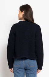 Navy textured knit jacket with decorative gold buttons and structured fit, Parisian elegance by Volange Paris, French fashion in Sydney.