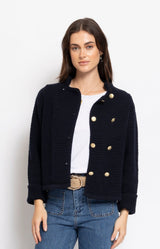 Navy textured knit jacket with decorative gold buttons and structured fit, Parisian elegance by Volange Paris, French fashion in Sydney.