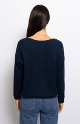 Navy mohair blend cardigan with slouchy relaxed fit, V-neck and button front, Parisian elegance by Volange Paris, French fashion in Sydney.