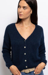 Navy mohair blend cardigan with slouchy relaxed fit, V-neck and button front, Parisian elegance by Volange Paris, French fashion in Sydney.
