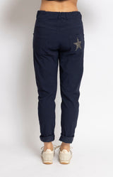 Navy relaxed pants with metallic star detail – Parisian elegance by Volange Paris, French fashion in Sydney.