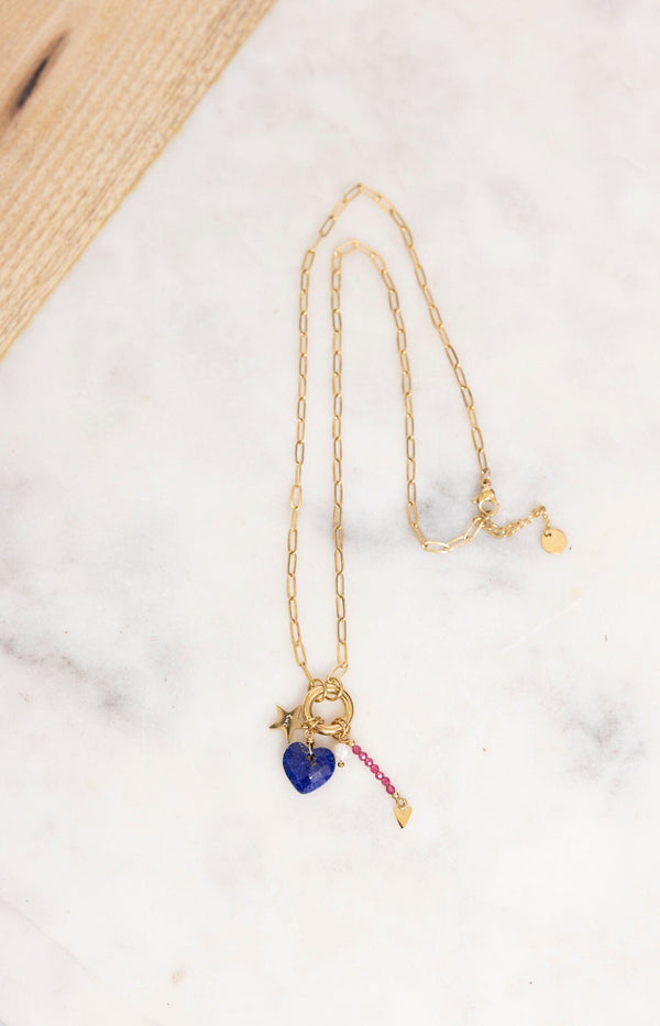 Gold-plated blue heart necklace with star charm, romantic French design – Volange Paris.