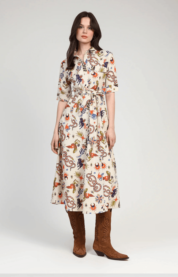 PRINTED MIDI DRESS SPRING COTTON LINEN COLOURS FRENCH VOLANGE PARIS