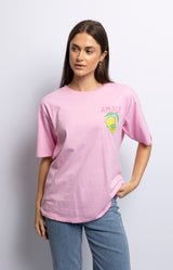 Pink Amalfi lemon graphic T-shirt in soft cotton with classic straight fit and crew neckline – Sydney French fashion by Volange Paris.
