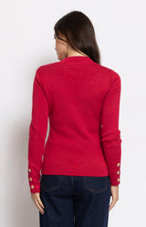 Red knit jumper with gold button shoulder detail – Parisian elegance by Volange Paris, French fashion in Sydney.
