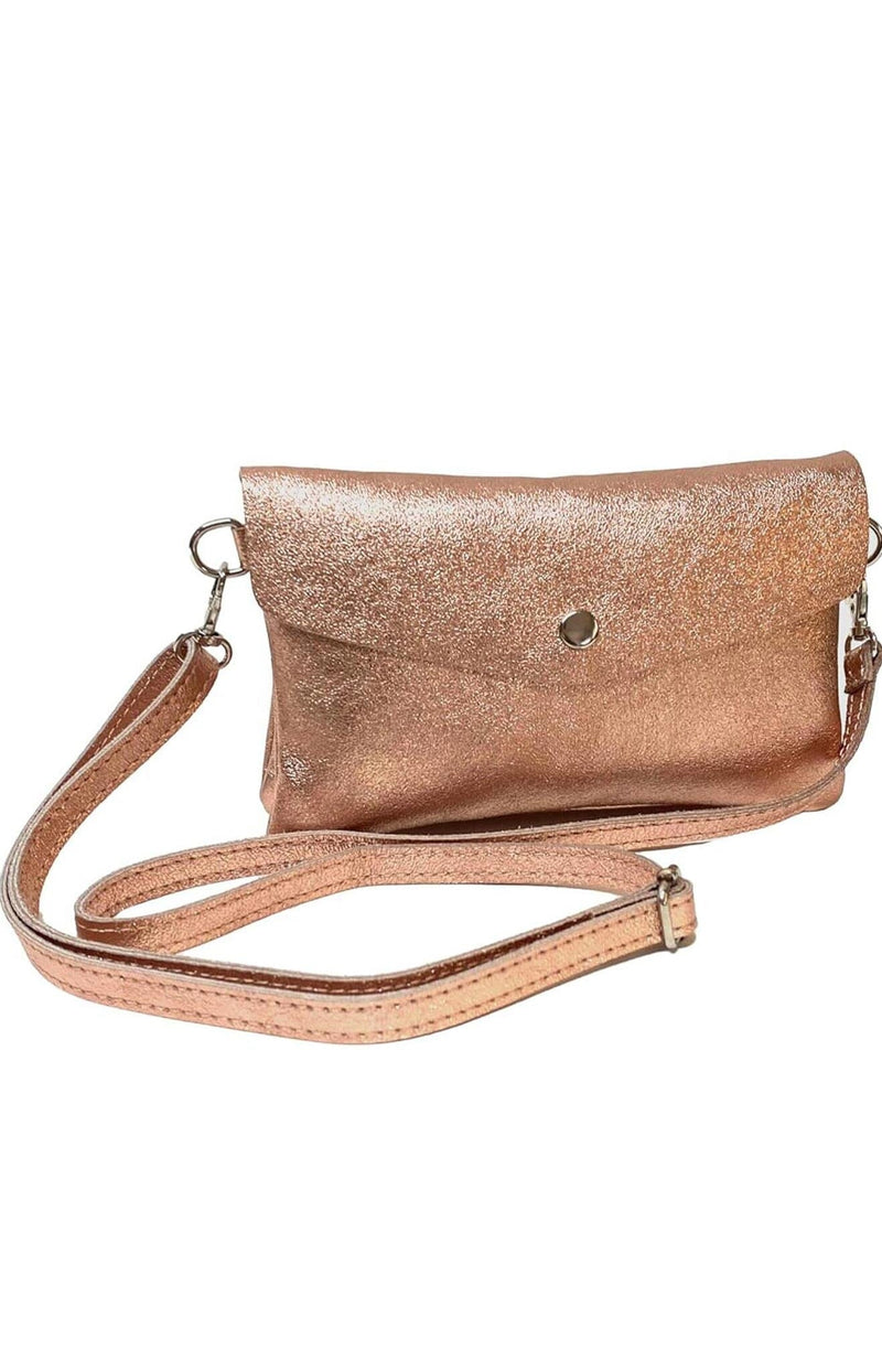 Rose gold leather crossbody bag with adjustable strap and metallic finish – Parisian elegance by Volange Paris.