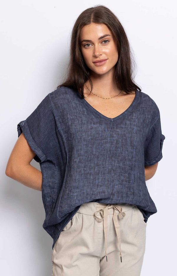 RELAXED FIT LINEN TOP NAVY COMFORTABLE FASHION - VOLANGE PARIS 