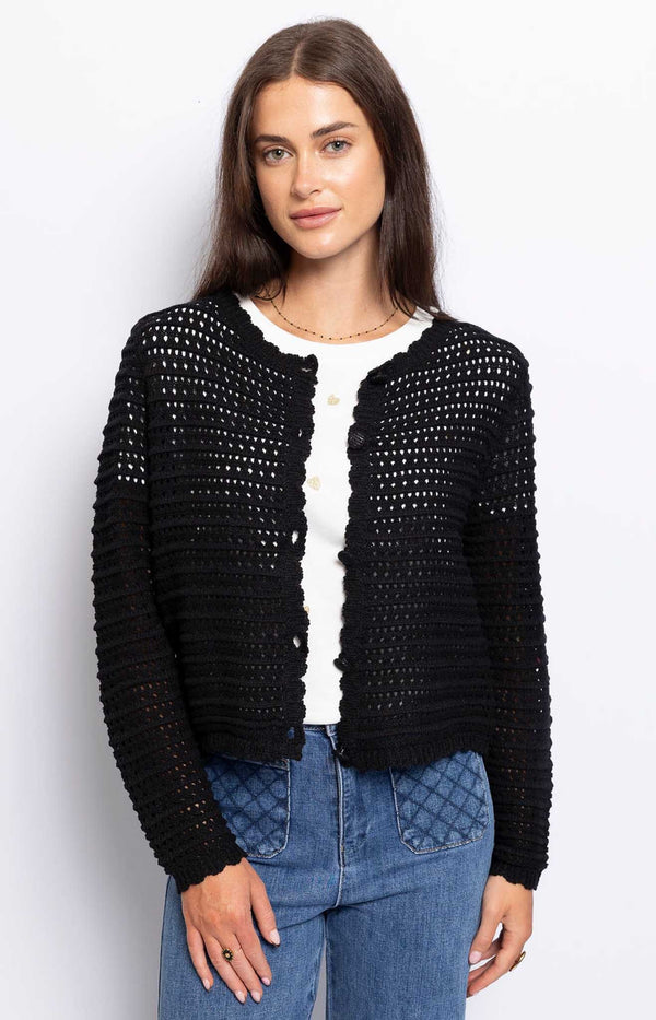 ELEGANT COTTON CROCHET CARDIGAN BLACK FRENCH FASHION - VOLANGE PARIS