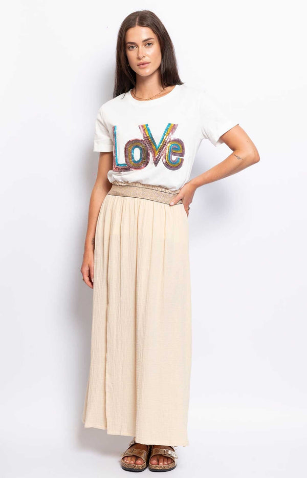 SKIRT COTTON CREAM ELASTIC WAIST GOLD DETAILS FRENCH FASHION - VOLANGE PARIS 
