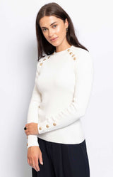 ELEGANT KNIT JUMPER WHITE GOLD BUTTONS DETAILS FRENCH FASHION - VOLANGE PARIS