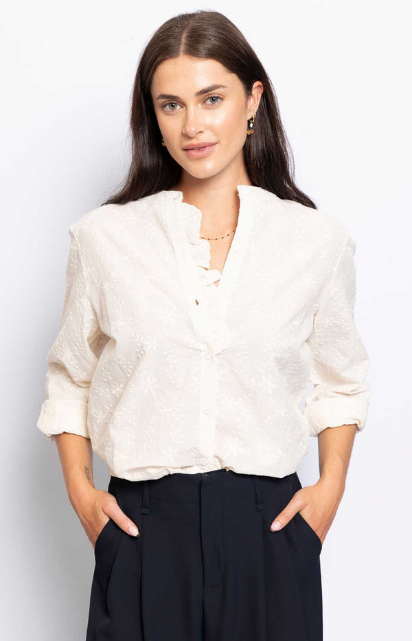 100% COTTON BLOUSE EMBROIDERED RUFFLED NECKLINE FRENCH FASHION - VOLANGE PARIS