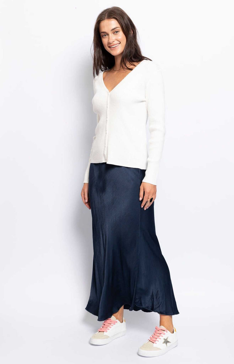 MAXI SATIN SKIRT ELASTIC WAIST NAVY FRENCH FASHION - VOLANGE PARIS