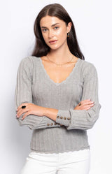 SCALLOPED NECKLINE GREY RIGGED KNIT DELICATE BUTTON DELAILS FRENCH FASHION - VOLANGE PARIS