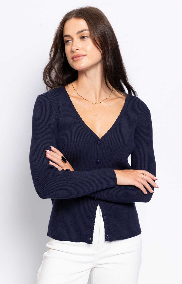 SOFT RIBBED FABRIC NAVY CARDIGAN FASHIONABLE FRENCH FASHION - VOLANGE PARIS