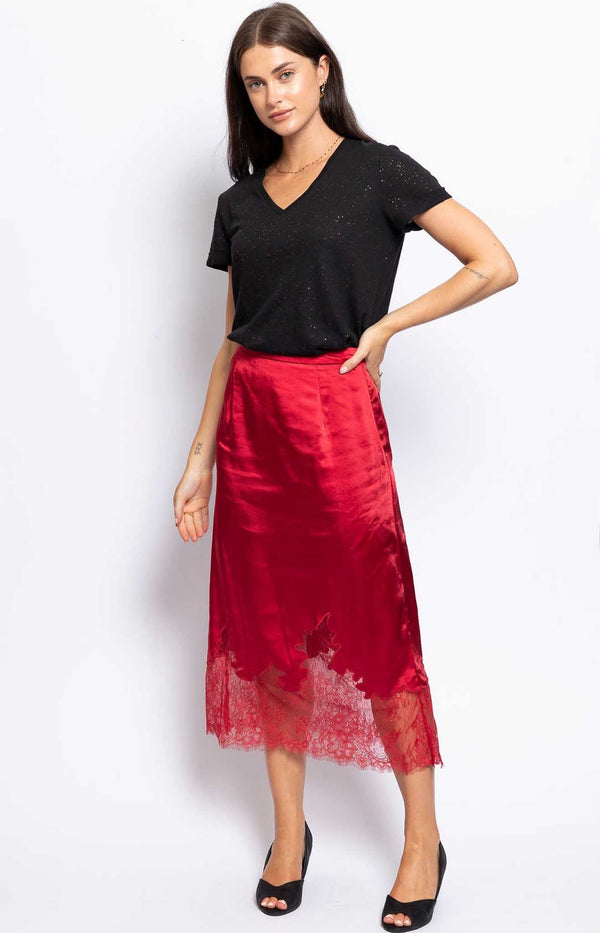 SILKY SATIN RED SKIRT LACE TRIM FRENCH FASHION - VOLANGE PARIS