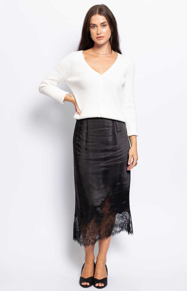 SCALLOP LACE HEM SATIN BLACK SKIRT CHIC FRENCH FASHION - VOLANGE PARIS